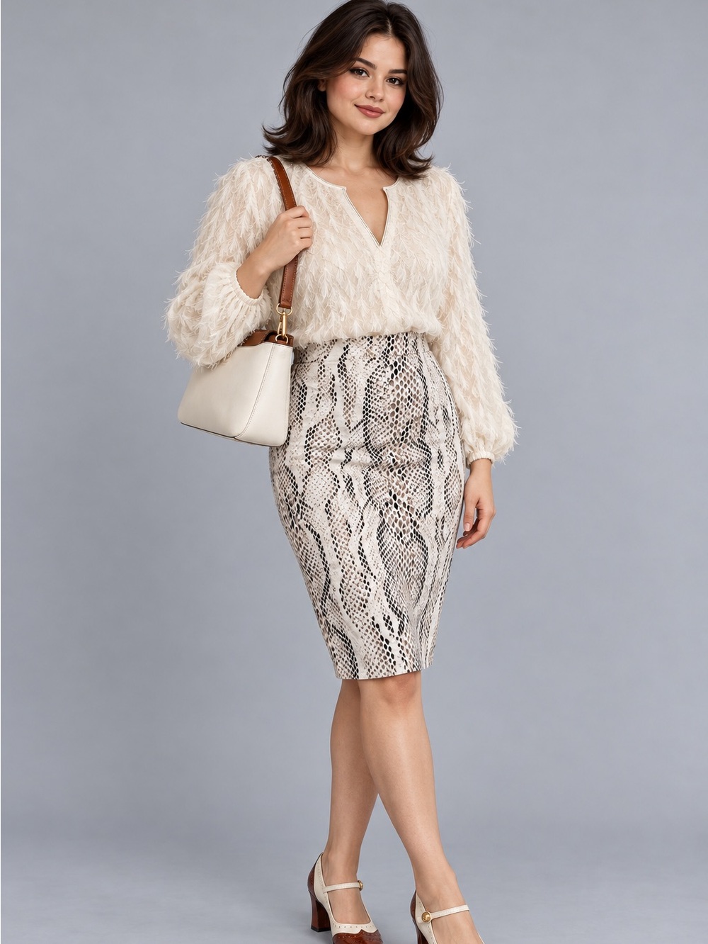 White House Black Market Cream Snake-Print Pencil Skirt